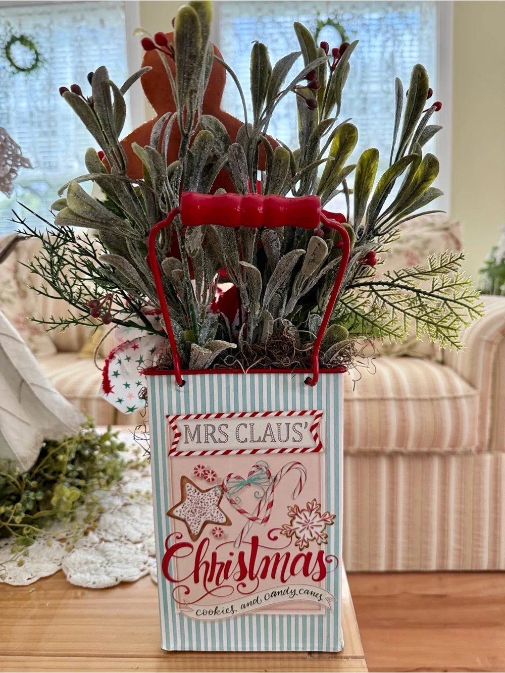 Mrs. Claus Christmas Holiday Cookies & Candy  Floral Arrangement Tin Container